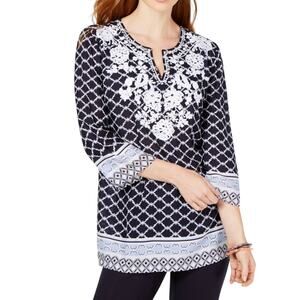 CHARTER CLUB Womens Navy Embroidered Printed 3/4 Sleeve Split Tunic Top MP